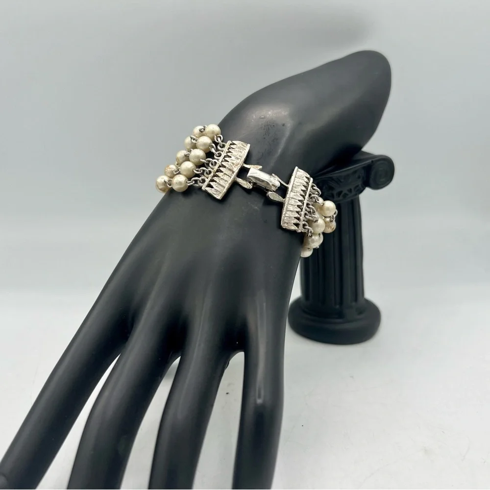 Vintage CORO multi strand silver & faux pearl bracelet 7”
